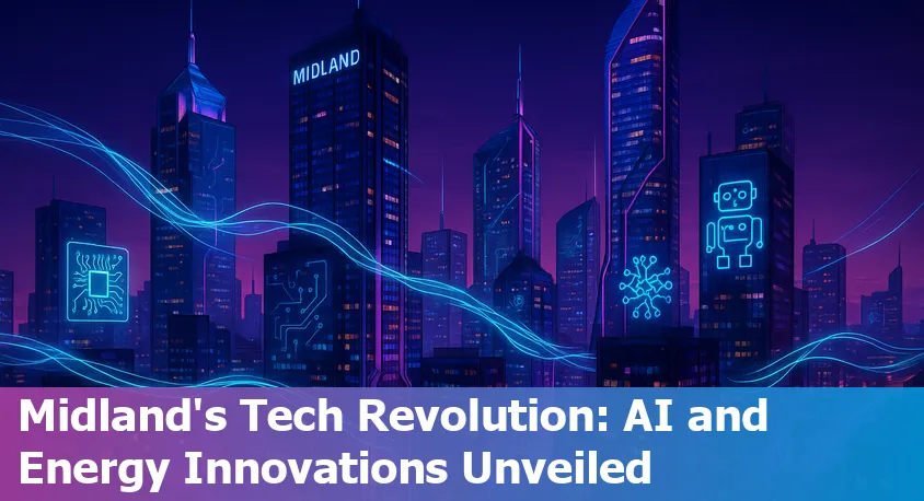 Skyline of Midland, Texas with an oil rig and digital data center graphics representing AI and tech industry growth.