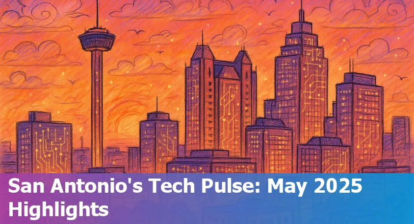 San Antonio skyline illuminated at dusk with digital Ai and technology icons overlayed, symbolizing local tech innovation in 2025.