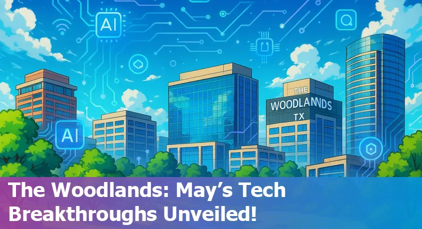 The Woodlands, TX skyline with digital icons representing AI, technology, and innovation overlaid.