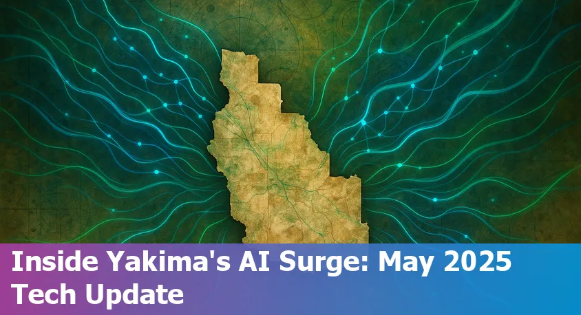 Yakima, WA skyline blended with futuristic AI and tech icons, symbolizing innovation in local technology and healthcare.