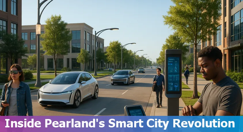 Cityscape of Pearland, TX with digital and AI-themed icons overlayed, representing local tech and innovation.