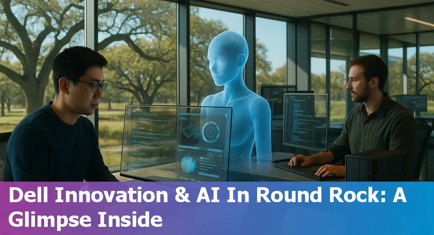 Downtown Round Rock, TX surrounded by technology imagery, AI icons, and people collaborating on tech solutions.