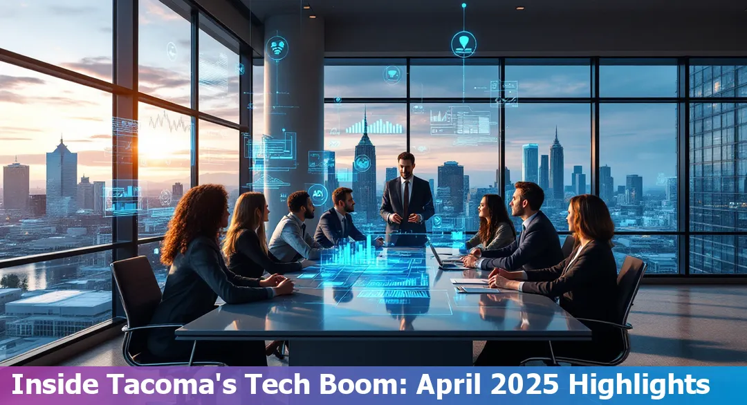 Tacoma city skyline with tech and AI icons overlay, representing innovation in Washington.