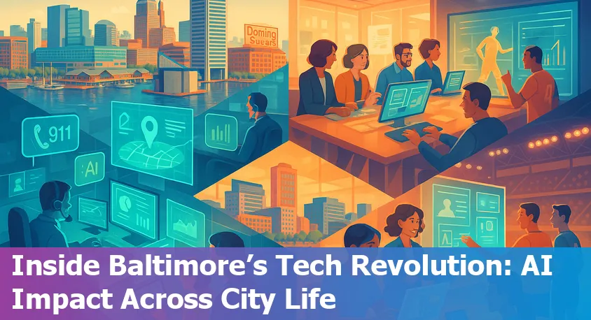 Baltimore city skyline overlaid with digital icons representing AI and technology innovation in 2025.