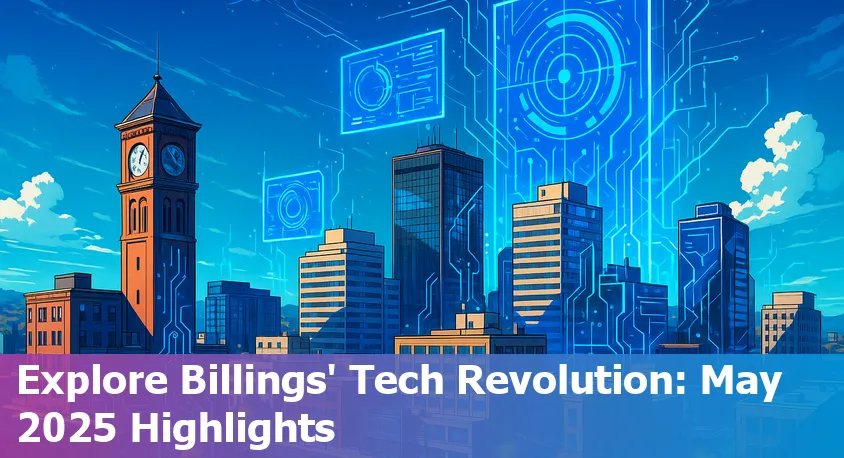 Downtown Billings, MT skyline with digital circuit patterns and AI icons symbolizing local tech innovation
