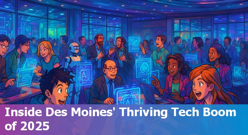 A panoramic view of downtown Des Moines, Iowa, with overlay icons of data centers, AI, and technology innovation.