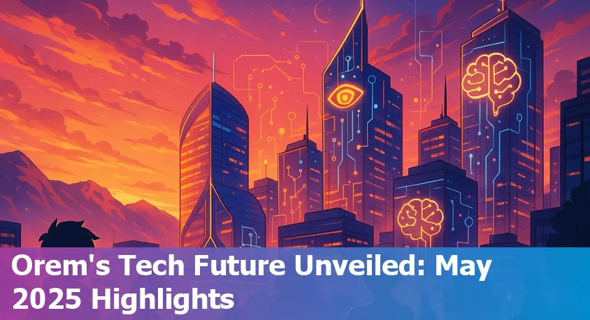 A vibrant collage of Orem, Utah’s tech scene featuring AI, healthcare, digital education, and startups against a Utah Valley skyline.