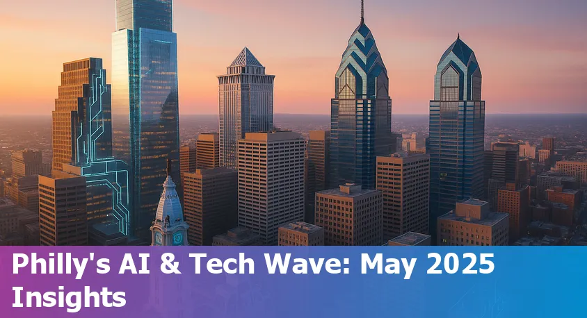 Philadelphia skyline with digital AI and technology icons overlay, representing the city's leadership in tech innovation in 2025.