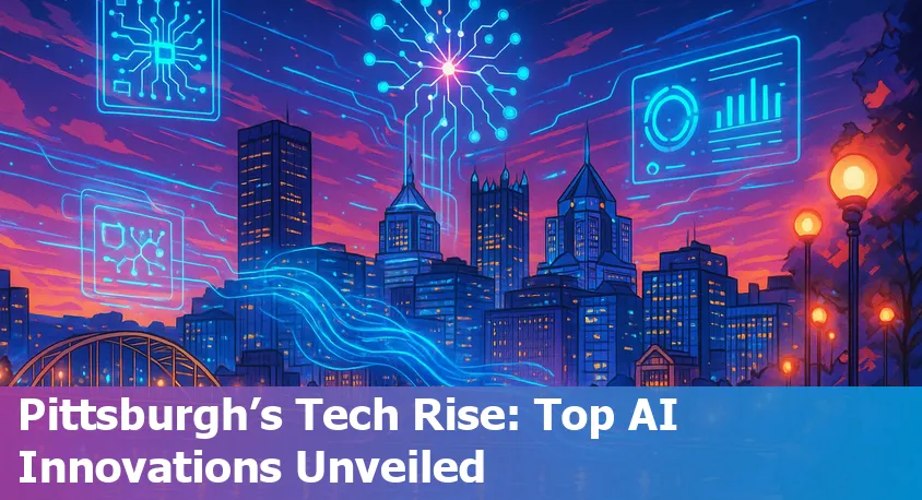 View of Pittsburgh skyline with tech company logos and AI-themed graphics overlaid.