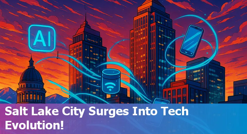 Salt Lake City skyline with digital AI and technology graphics overlay