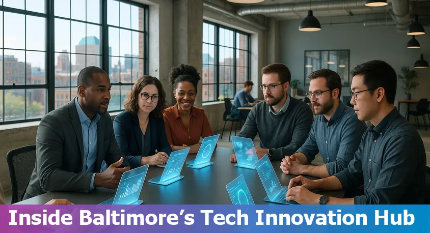 Baltimore city skyline with digital circuits and AI icons overlay, representing local tech and AI news.