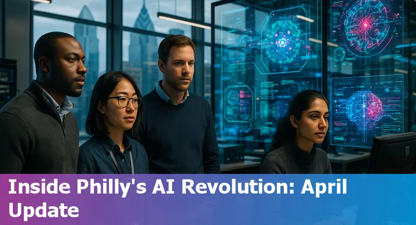 Philadelphia skyline overlaid with digital AI and technology icons, reflecting innovation in transit, education, and public policy in 2025.