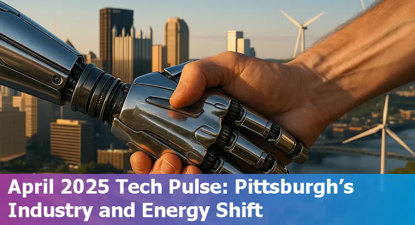 Aerial view of Pittsburgh with tech company offices, robotic labs, and digital data overlays representing AI innovation in the city.