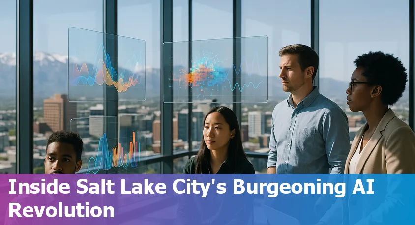 Salt Lake City skyline at sunset with digital overlay symbolizing AI advancements and tech innovation in Utah.