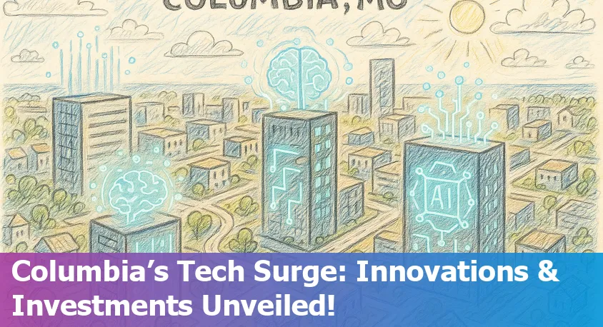 Downtown Columbia, MO with modern buildings and digital network graphics symbolizing technology and AI growth.