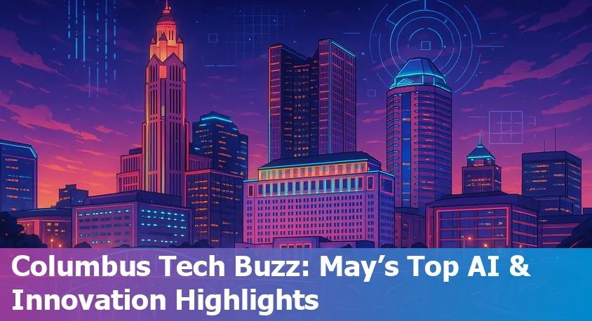 Skyline of Columbus, OH with digital technology icons representing artificial intelligence and data innovation