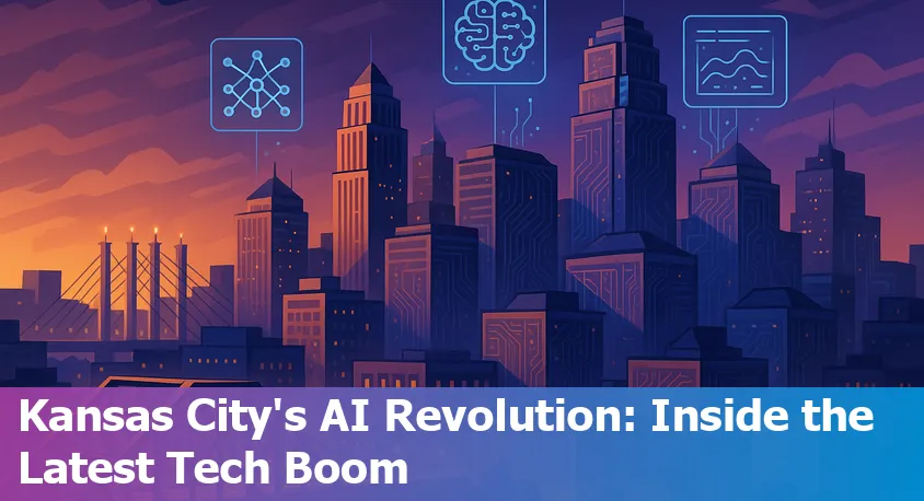 Kansas City skyline with digital AI and technology icons superimposed, symbolizing innovation and growth in the city.