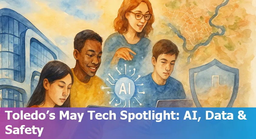 View of Toledo, OH skyline blended with futuristic AI and tech-themed graphics representing innovation and growth.