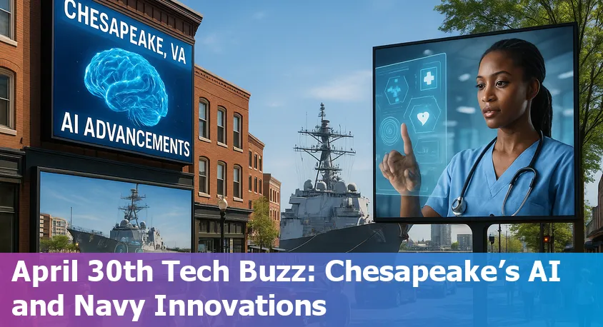 Chesapeake VA skyline with digital overlay representing AI and technology advancements in healthcare and defense.