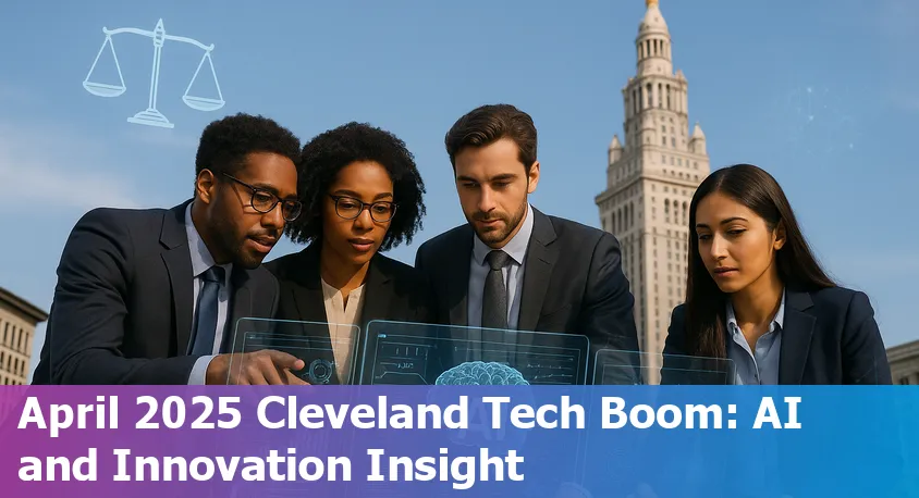 Cleveland skyline with digital data overlay, symbolizing AI and technology innovation in Ohio.