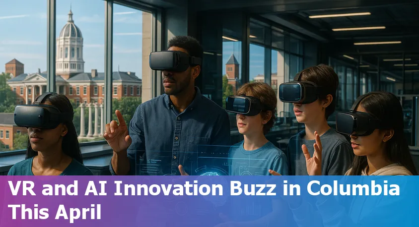 A modern skyline of Columbia, MO with digital icons overlay representing AI, VR, and technology innovation in 2025.