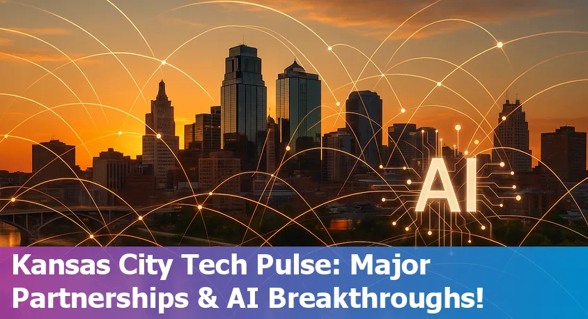 Kansas City skyline with historic buildings illuminated next to futuristic tech and AI data center imagery