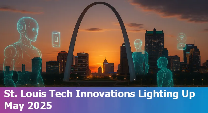 Downtown St. Louis skyline with futuristic icons representing AI, robotics, and sustainable technology.