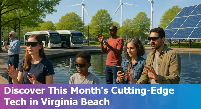 Virginia Beach cityscape with digital network lines representing AI and tech innovation in April 2025
