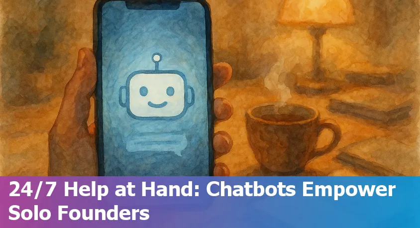 Illustration of a solo founder using an AI-powered chatbot for customer support in a startup environment