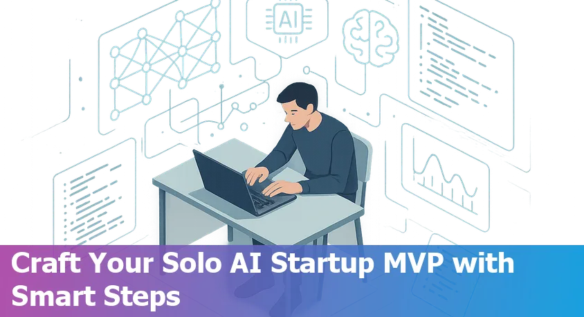 Solo founder working on a laptop to build an AI MVP with limited resources, with icons representing AI and automation.