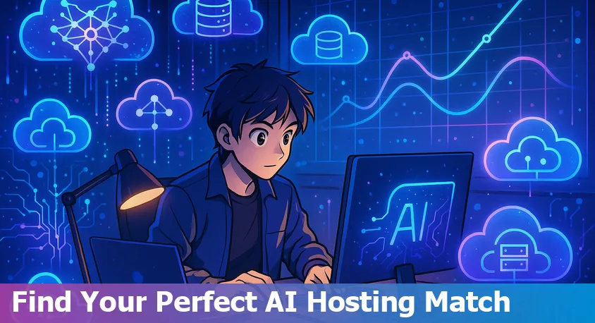 Beginner solo AI startup founder comparing hosting solutions in a modern workspace.