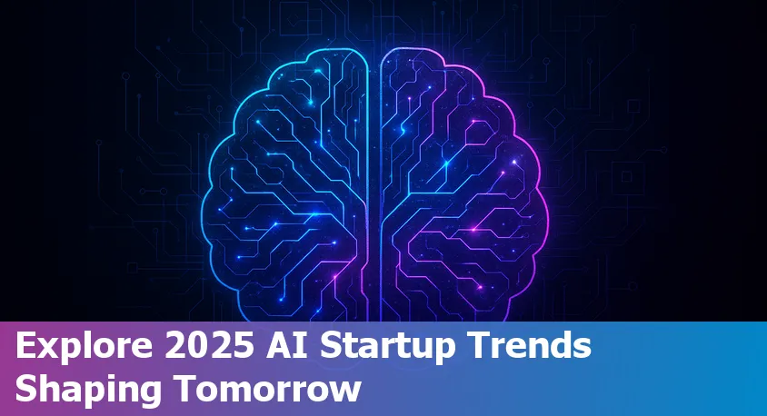AI-driven startup team collaborating with futuristic tools and data visualizations, representing trends and innovation in AI startup development 2025.