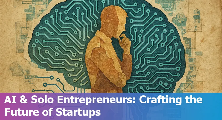 A solo founder using AI tools to build a startup in 2025, surrounded by digital screens and automation icons.