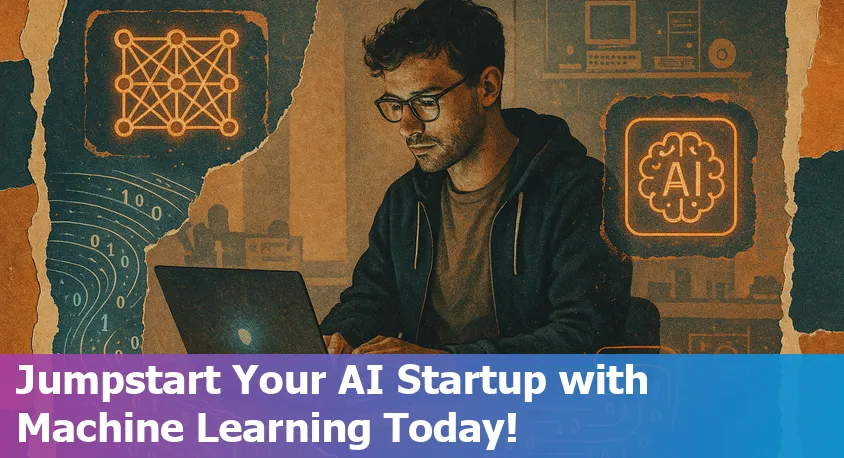 Beginner founder working solo on an AI startup application, integrating machine learning tools on a laptop.