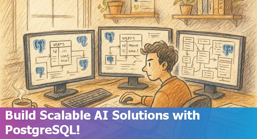Beginners at an AI startup collaborating on data management using PostgreSQL with workflow diagrams on screens.