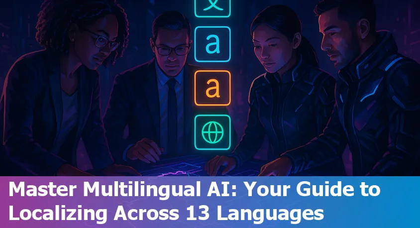 Dashboard showing an AI startup platform localized in 13 languages with UI elements in various scripts and devices.