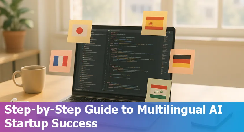 A beginner's step-by-step guide to localizing a solo AI startup platform for 13 languages with global flags and digital devices.