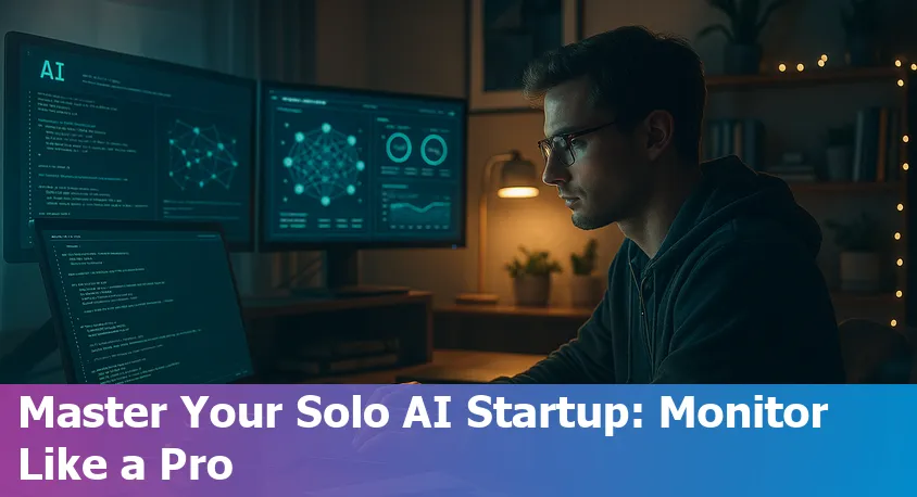 Server racks and a laptop dashboard showing real-time monitoring for a self-hosted solo AI startup platform.