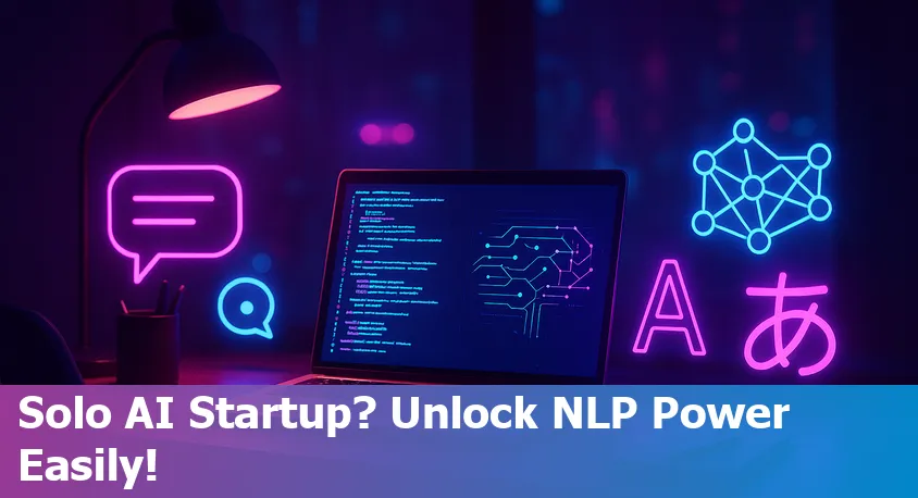 Solo AI startup founder working on NLP applications with charts, code, and chatbots on screen in a modern workspace.