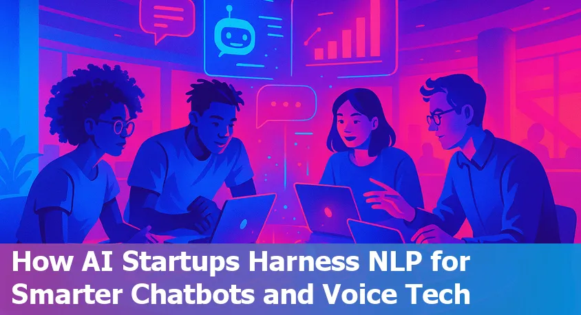 AI startup workspace with beginner-friendly diagrams explaining Natural Language Processing (NLP) applications