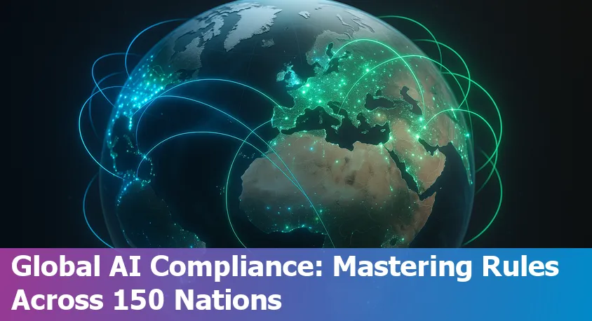 AI startup founders reviewing global legal compliance regulations across 150 countries on a world map.