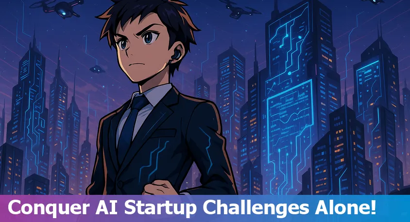 Solo AI startup founder working with diverse digital tools, charts, and support resources for beginners