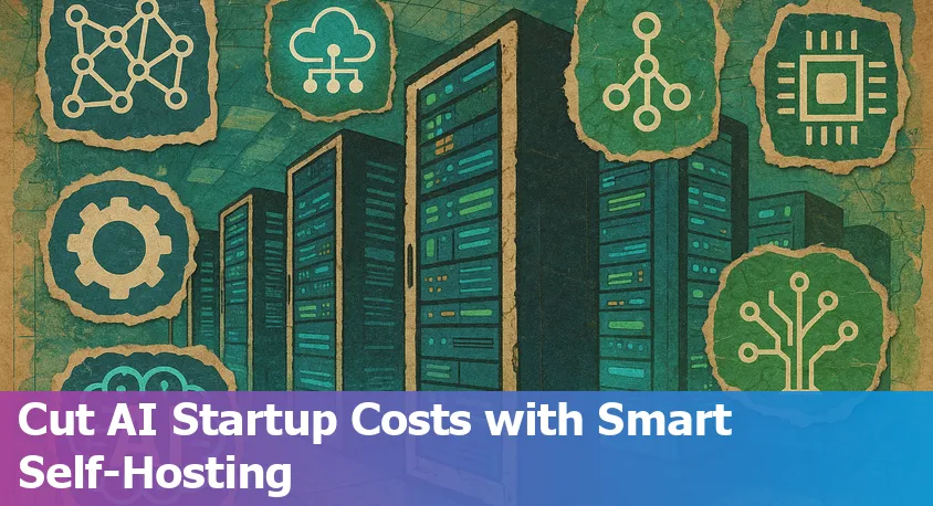 AI startup team discussing self-hosting options to reduce operational costs, with charts and servers in the background.