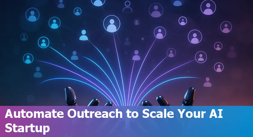 Illustration of an AI startup team using automated outreach tools to scale user base, with charts showing growth.