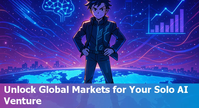 Solo AI startup founder planning international expansion strategy with global map and technology tools
