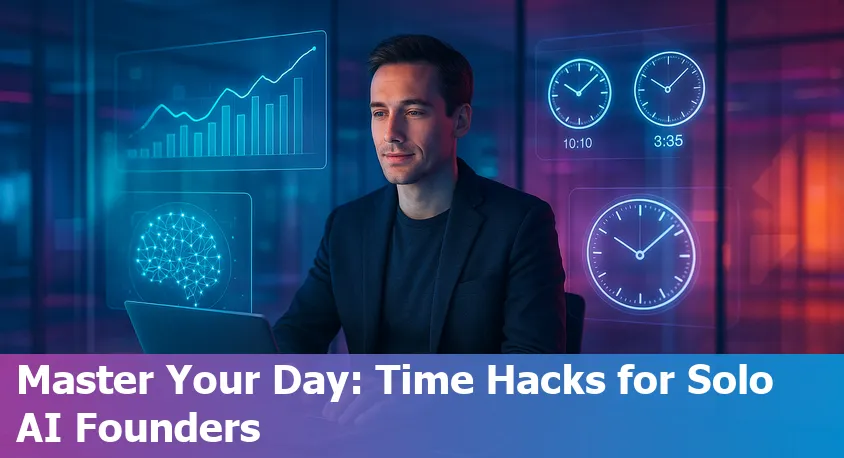 Solo AI startup entrepreneur efficiently managing time using digital and AI productivity tools at a modern workspace.