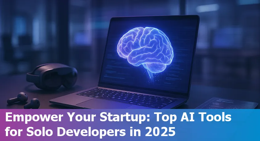 Illustration of a solo startup developer using multiple AI tools on a laptop in 2025