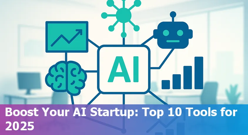 Collage of top AI tools logos representing chatbot, video, CRM, workspace, and design platforms for 2025 startups