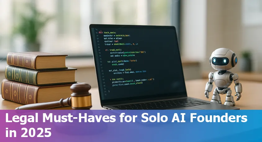 A solo startup founder using AI legal tools on a laptop surrounded by digital legal icons in 2025.