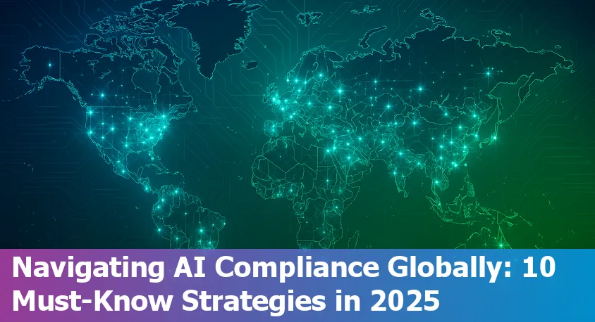 AI startup founders analyzing global compliance frameworks and regulations on a digital world map in 2025.